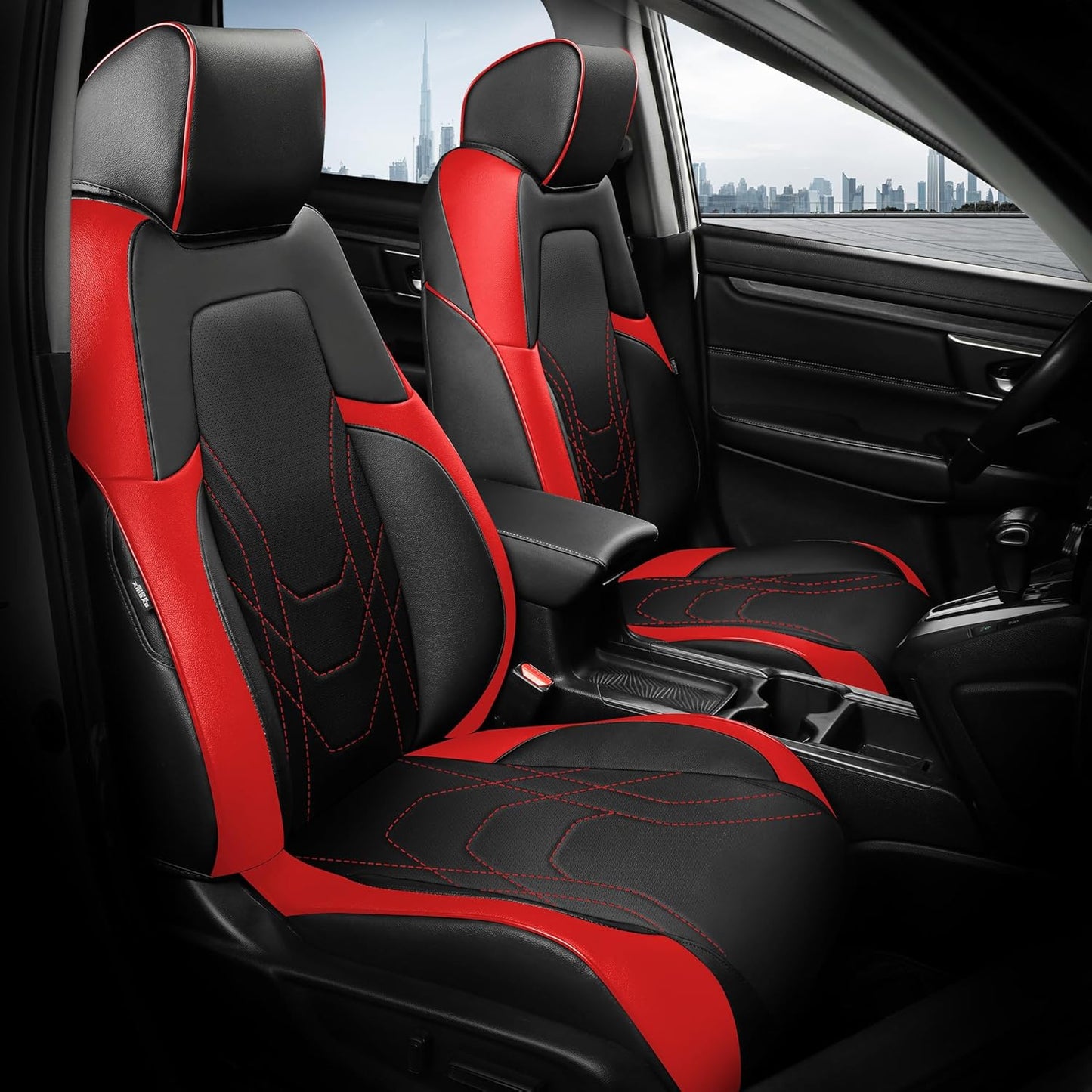 FREESOO CRV Seat Covers Full Set, for Honda CRV LX EX EX-L Sport Touring Hybrid 2017 2018 2019 2020 2021 2022, Custom Fit Seat Covers for CRV, Waterproof Leather Car Seat Covers, Black & Red