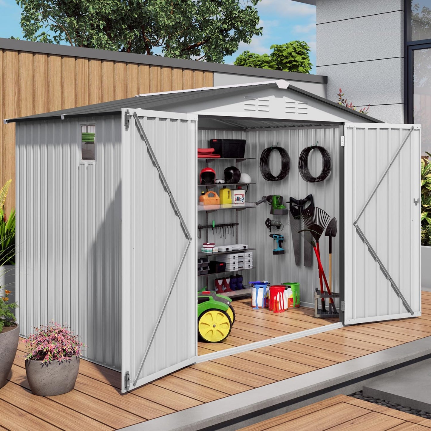 8 x 6 FT Outdoor Storage Shed, Metal Garden Tool Shed with Slooping Roof, Lockable Doors and Aluminum Frames, Easy to Assemble for Garden, Patio, Lawn, White+Black