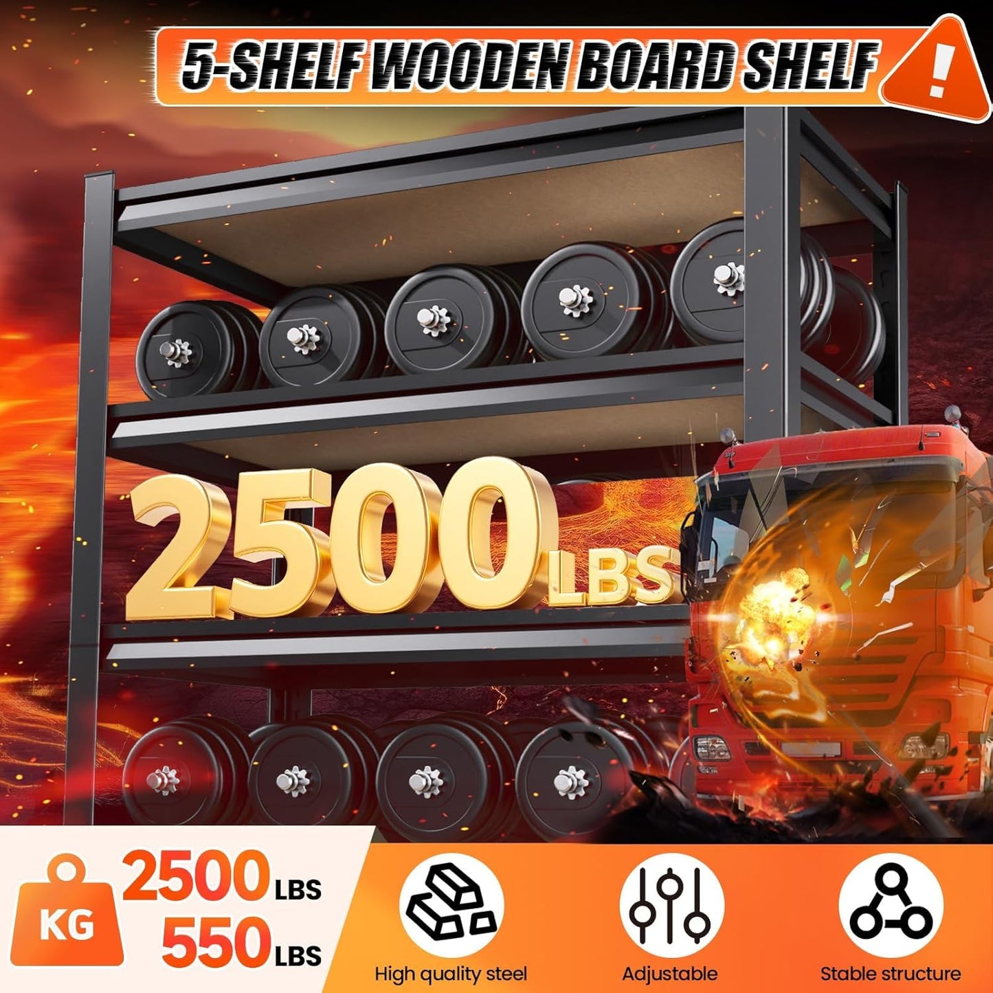 72" H*46'' Storage Shelves 2500lbs Garage Shelving Adjustable Heavy Duty Garage Shelves Easy To Install Metal Shelving Wood Shelving Unit Storage Shelf for Basement Warehouse Industrial Pantry, 2 Pack