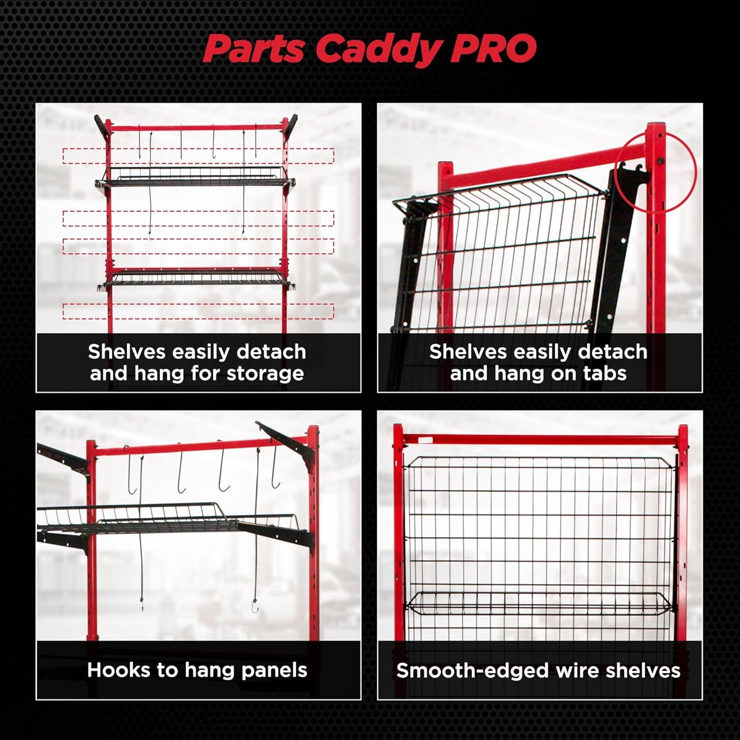 Champ® Parts Caddy Pro™ Auto Body Parts Rack Option 1 with Wheels, All-Steel Cart for Repair Shops and Garages, Locking Casters, 150 lb Capacity Per Shelf, Adjustable Shelves, Powder Coated - Red