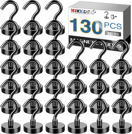 MIKEDE Black Magnetic Hooks Heavy Duty, 28Lbs+ Strong Neodymium Magnets with Metal Hooks for Refrigerator,Super Cruise Hooks for Hanging, Kitchen, Storage - Pack of 130