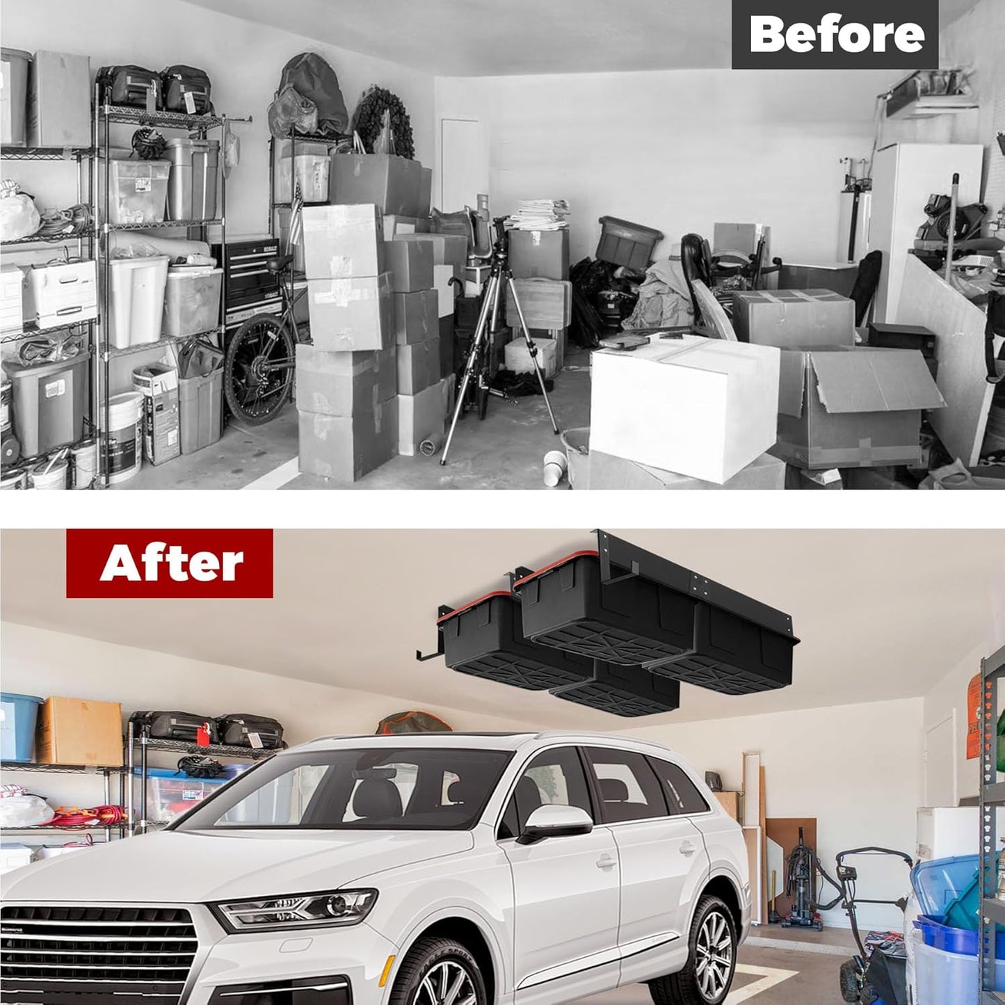 Overhead Garage Storage Rack System – Heavy-Duty Adjustable Ceiling Rails for Totes, Fits Most Storage Bins (8 Sets Hold 4 Bins Each)