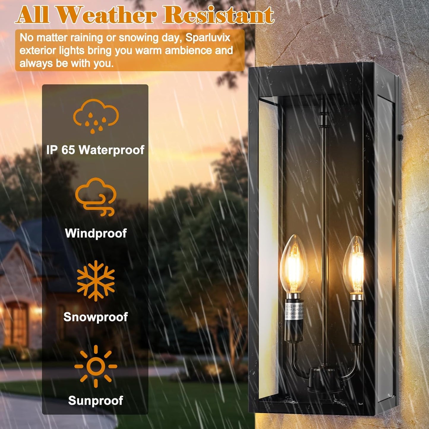 Outdoor Wall Lights 16 Inch Large, 2 Pack Black Modern Exterior Lighting Fixtures Wall Mounted with 2 Candle Light, Waterproof Outside Sconce Coach Garage Lanterns Porch Lamps for House E12