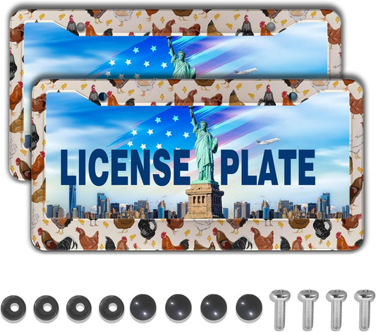 License Plate Covers for Women Multicolor License Plate Frames for Men Chicken Flower Aluminum Metal Car Accessory 2 Pack with Screw Covers Set