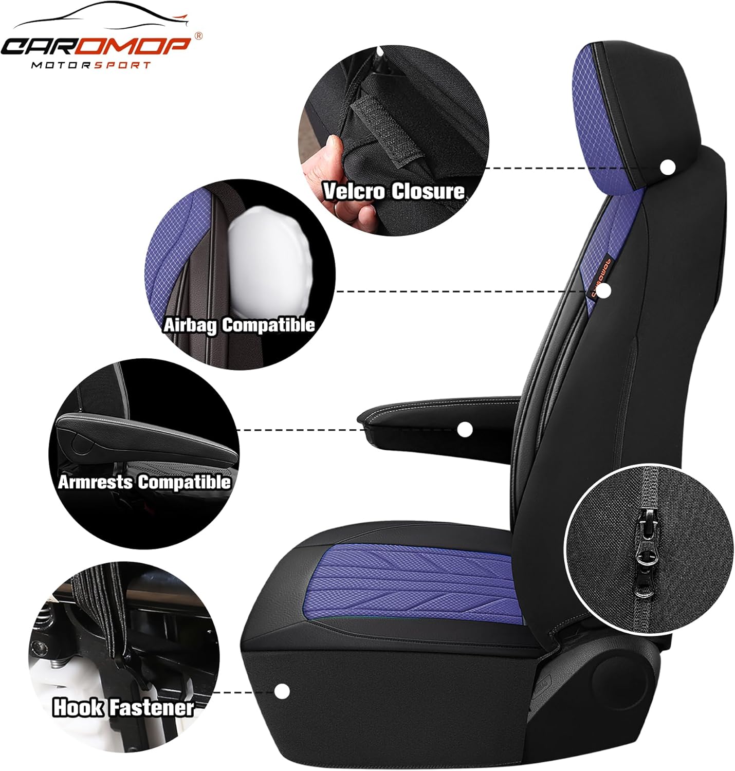 CAROMOP Luxury Faux Leather&Fabric Car Seat Covers Full Set with Breathable 3D Foam Back Support,Universal Comfortable Seat Covers for Cars,Trucks,SUVs, Front Armrests Compatible(5-Seat Black/Blue)