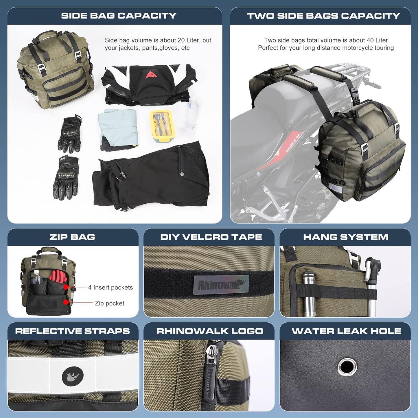 Rhinowalk Motorcycle Saddlebag Waterproof Motor Luggage Pack Quick Release Motorbike Side Bag 20L Fits Most Adventure and Sports Bike Motorcycle Racks(Green, 1 Pack)