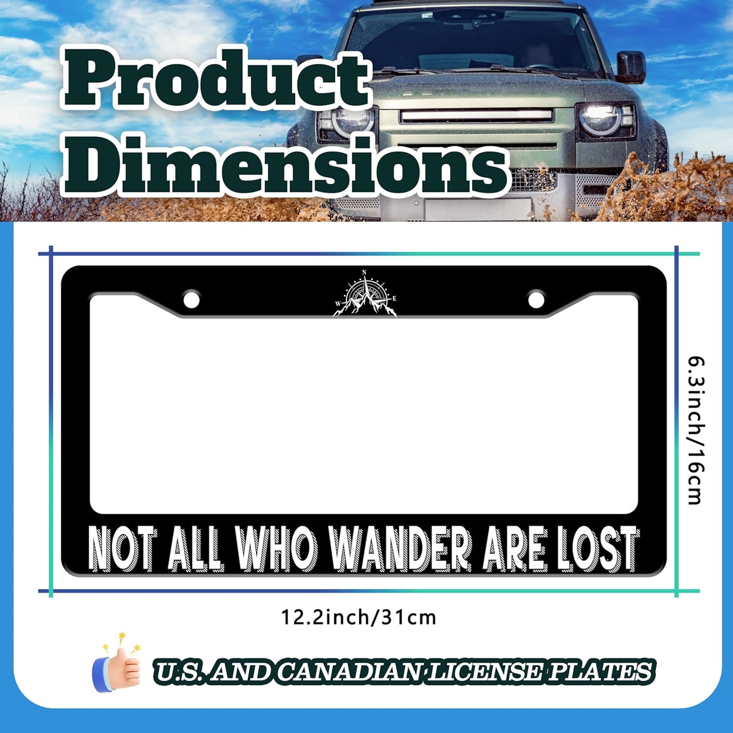 Not All Who Wander are Lost License Plate Frame Mountain Compass Stainless Steel License Plate Holder for Front or Rear Car Tags Funny for Car Decoration with Screws 6.3 X 12.2 in for Women Men