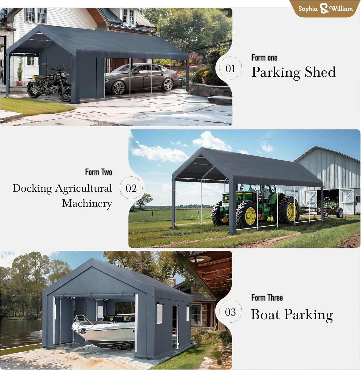 Sophia & William Carport Storage Shed 13x24 ft Portable, Heavy Duty Car Port Canopy Garage Shelter with Sidewalls and Roll Up Doors for Automobile Boat Motorcycle Bike, Gray