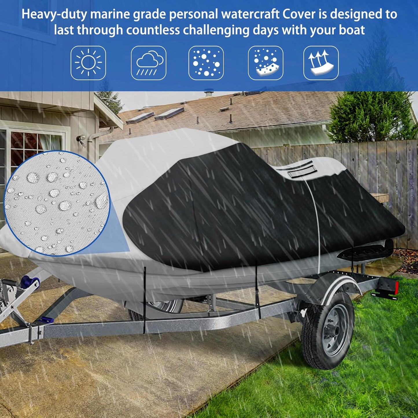 iCOVER Personal Watercraft Cover- Water Proof Heavy Duty Trailerable Jet Ski Covers for Seadoo Kawasaki Yamaha Wave Runner, Fits PWC Models Up to 113in Long