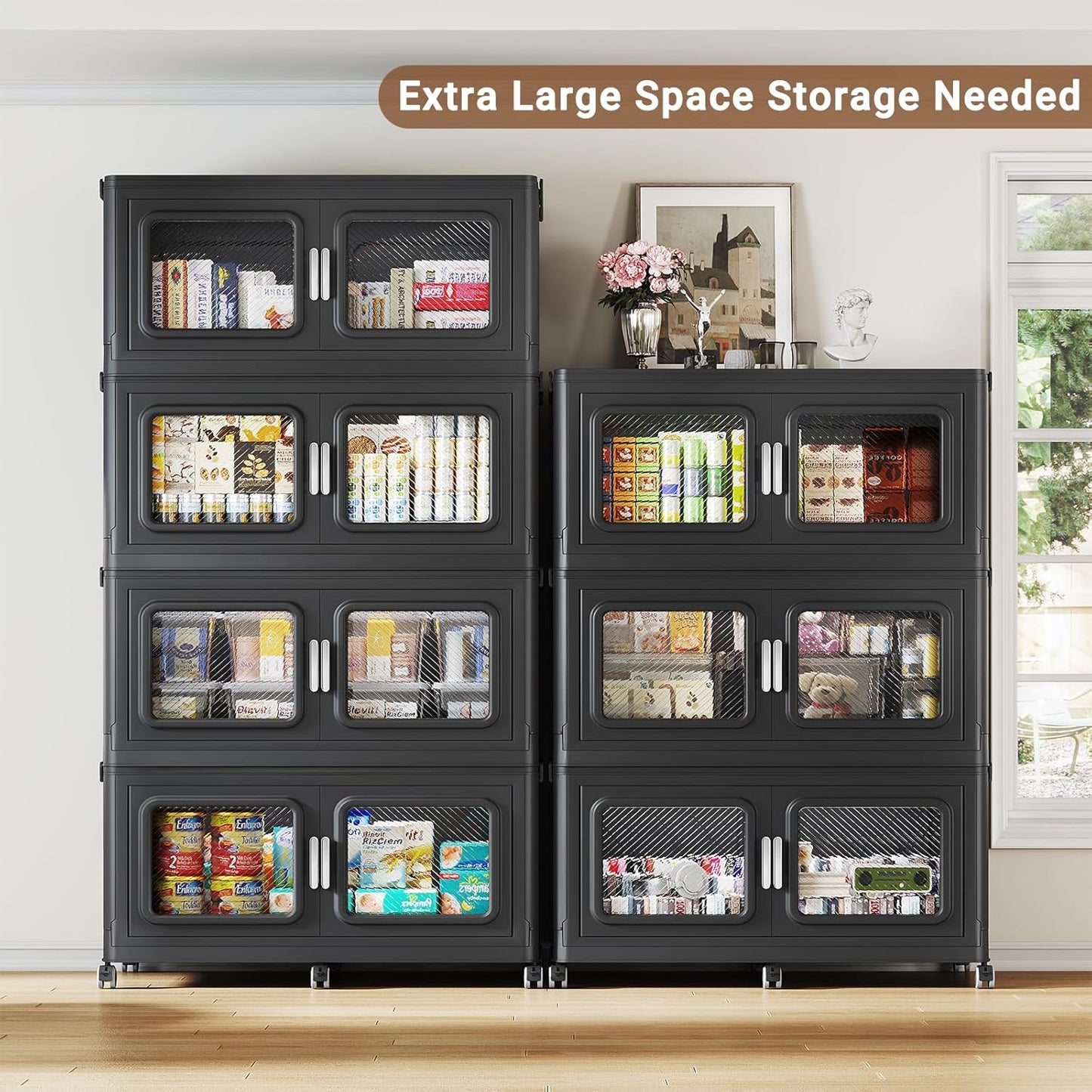 300 Qt Stackable Storage Bin with Lid, 75Gal Extra Large Collapsible Storage Boxes, Folding Plastic Drawer, Heavy-Duty Store Cabinet, Closet Organizer for Home Kitchen, 1 Pack Black