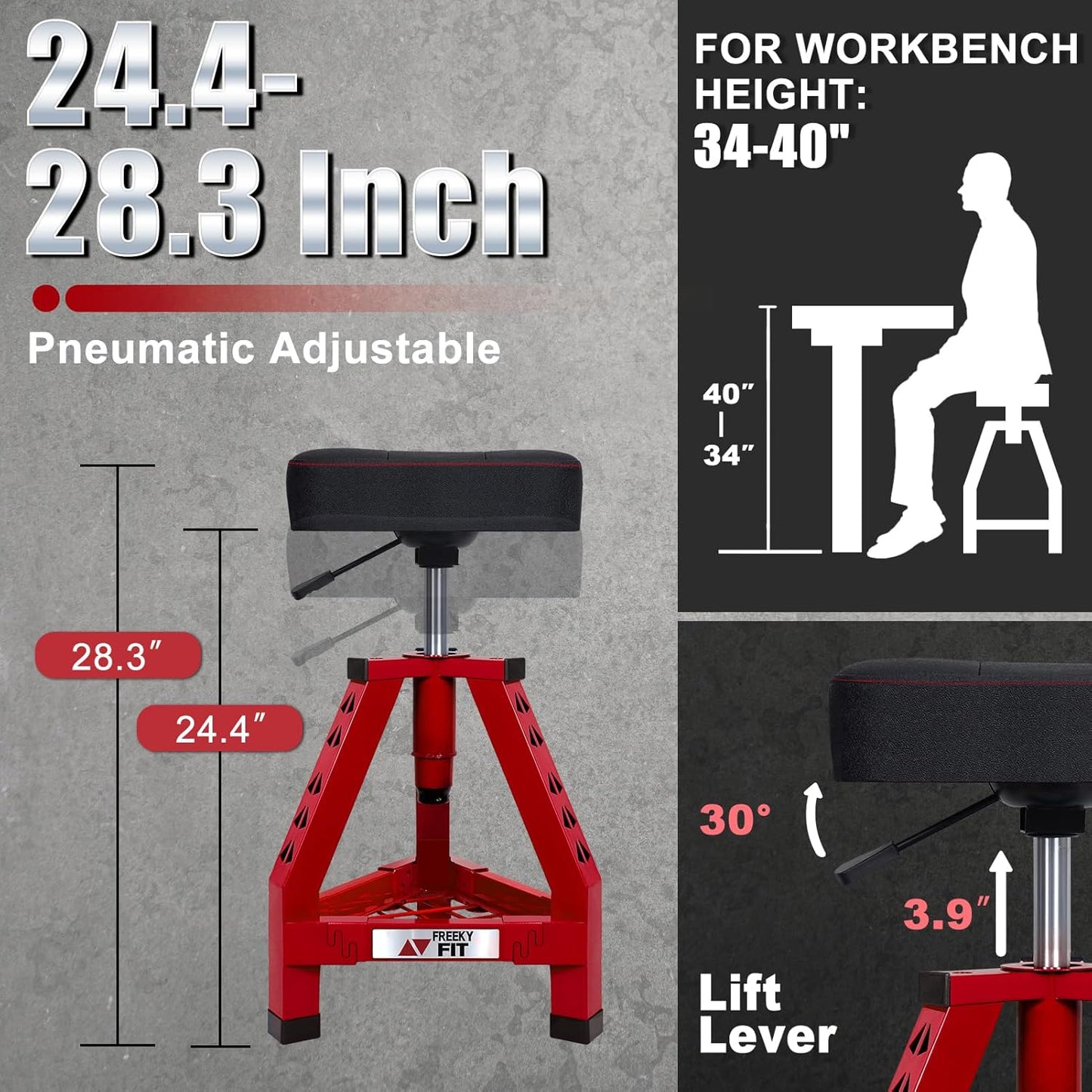 Adjustable Shop Stool,Garage Mechanic Stool Chair,Work Seat for Workshop, Adjustable Height, 360° Swivel Padded Square Seat,Tool Storage, 350 LBS Capacity, Heavy Duty, Red