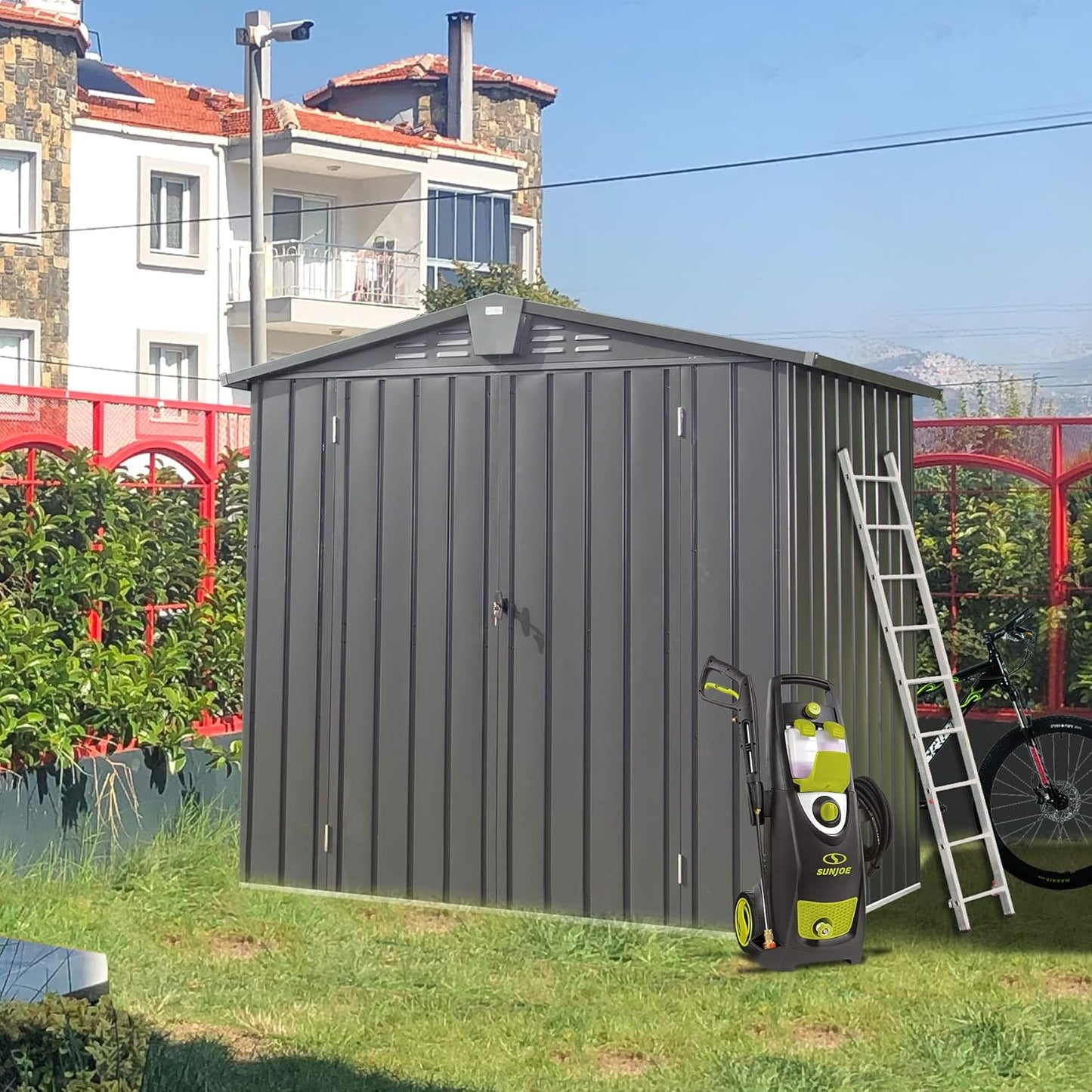 Domi 10’ x 8’ Outdoor Storage Shed, Metal Sheds Tool Storage Gable Roof with Lockable Door & Air Vents, Outdoor Galvanized Steel Sheds for Backyard,Garden,Patio,Lawn