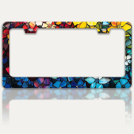 Marble Flowers License Plate Frame Colorful Floral Pattern License Plate Holders Funny Stainless Steel Auto Accessory Bracket 2 Hole with Screws Universal Us Car License Plate Frames 6x12 Inch