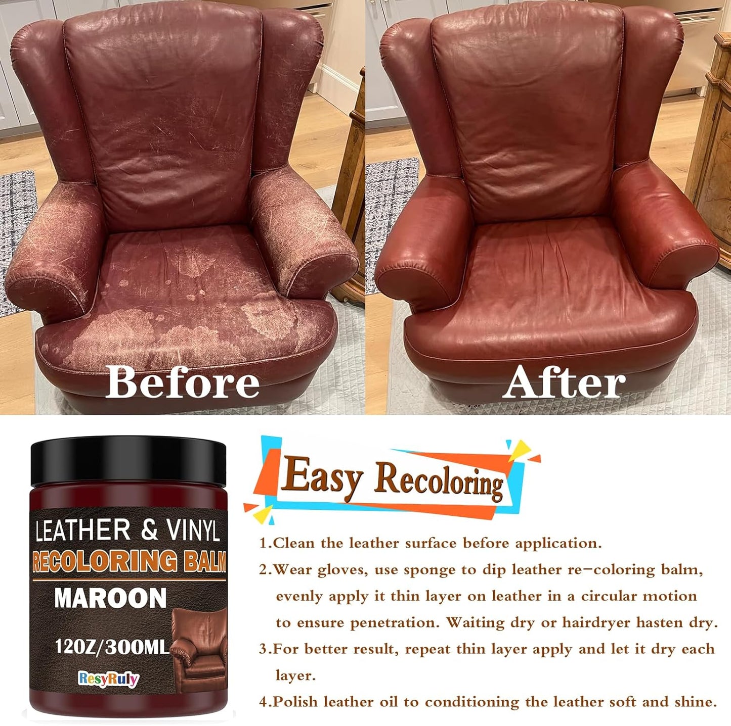 Maroon Leather Repair Kit for Furniture Dye Car Interior Vinyl Seats Paint Leather Conditioner Couch Handbag Chair Stain Remover Recoloring Balm Restorer Cream Cat Dog Scratches & Color Applicator