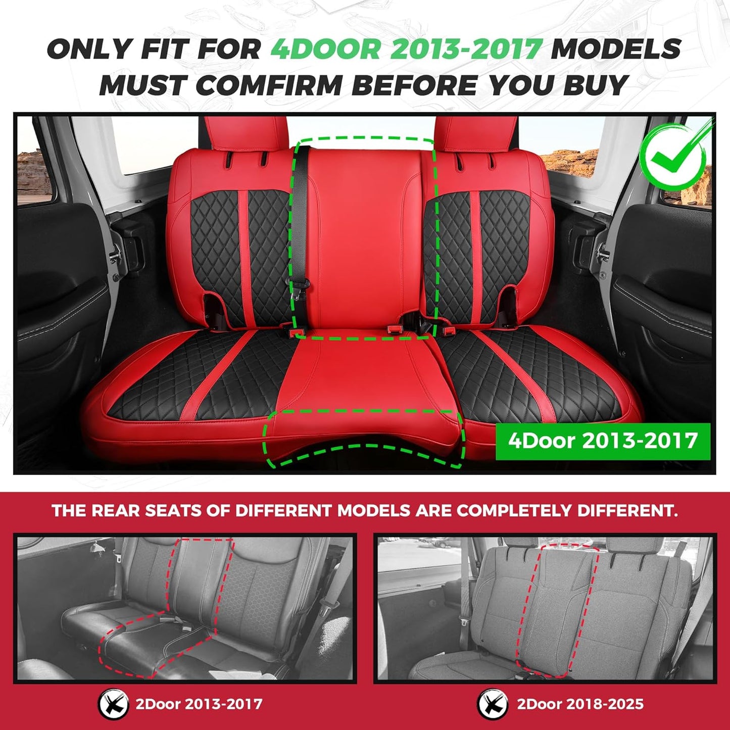 for Jeep Wrangler Seat Covers 4Door JK 2013 2014 2015 2016 2017, Custom Fit Car Seat Cover Full Set, Luxury Leather Seat Protectors, Waterproof SUV Interior Cushions Accessories, Red Black