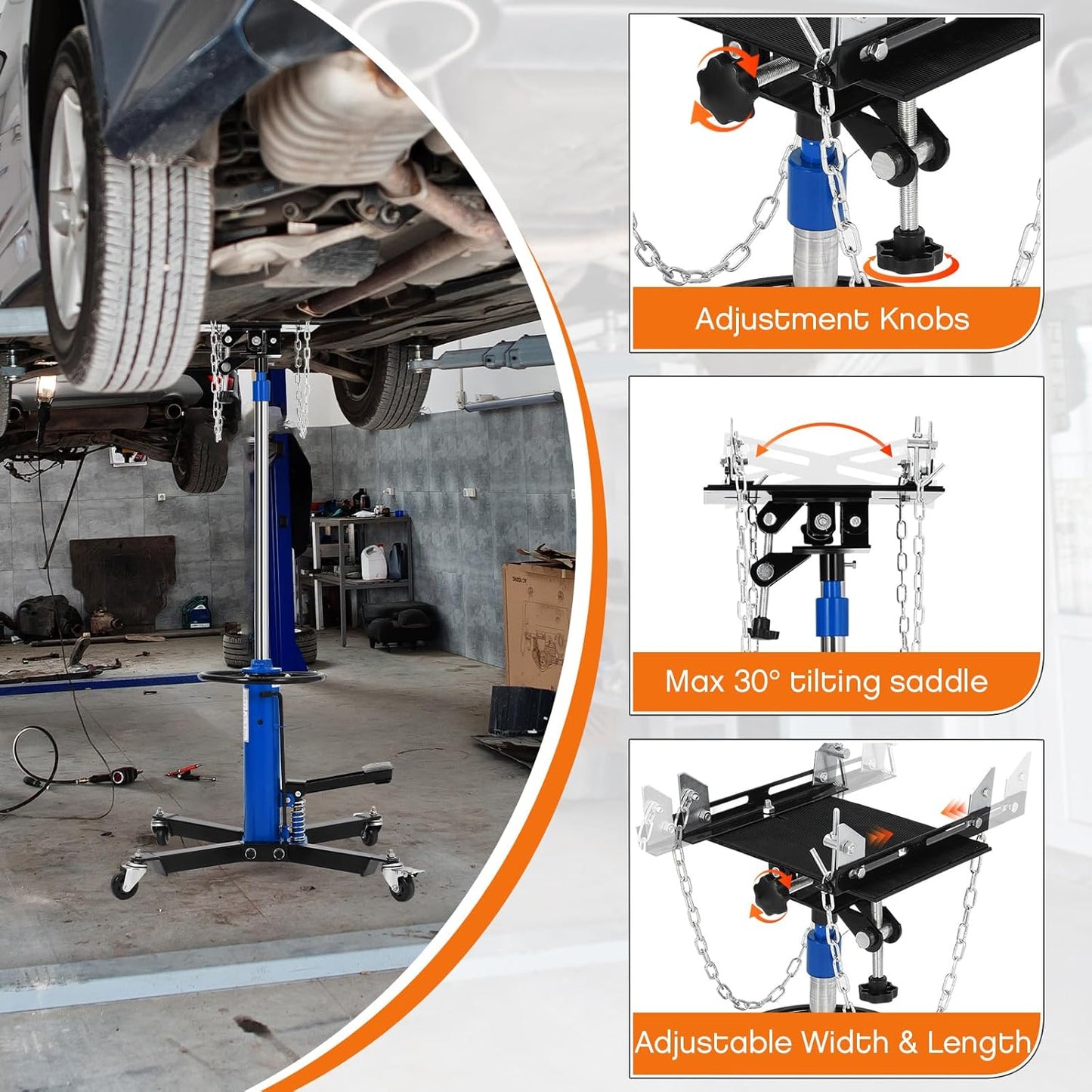 Transmission Jack, 1100lbs (1/2 Ton), 2-Stage Hydraulic Telescopic Jacks, Lifts 34"-68", with Foot Pedal & 360° Swivel Wheels, Ideal for Garage and Car Lifting, Heavy-Duty, Blue