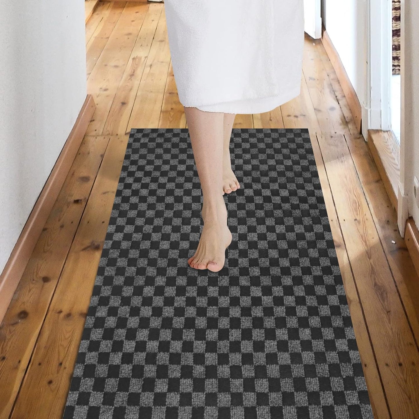 Custom Size Backed Non-Slip Area Rugs Runner, Easy Clean, Waterproof Runner Rugs for Hallway Entryway, Kitchen, Laundry, 2FT x 68FT, Gray Checkered