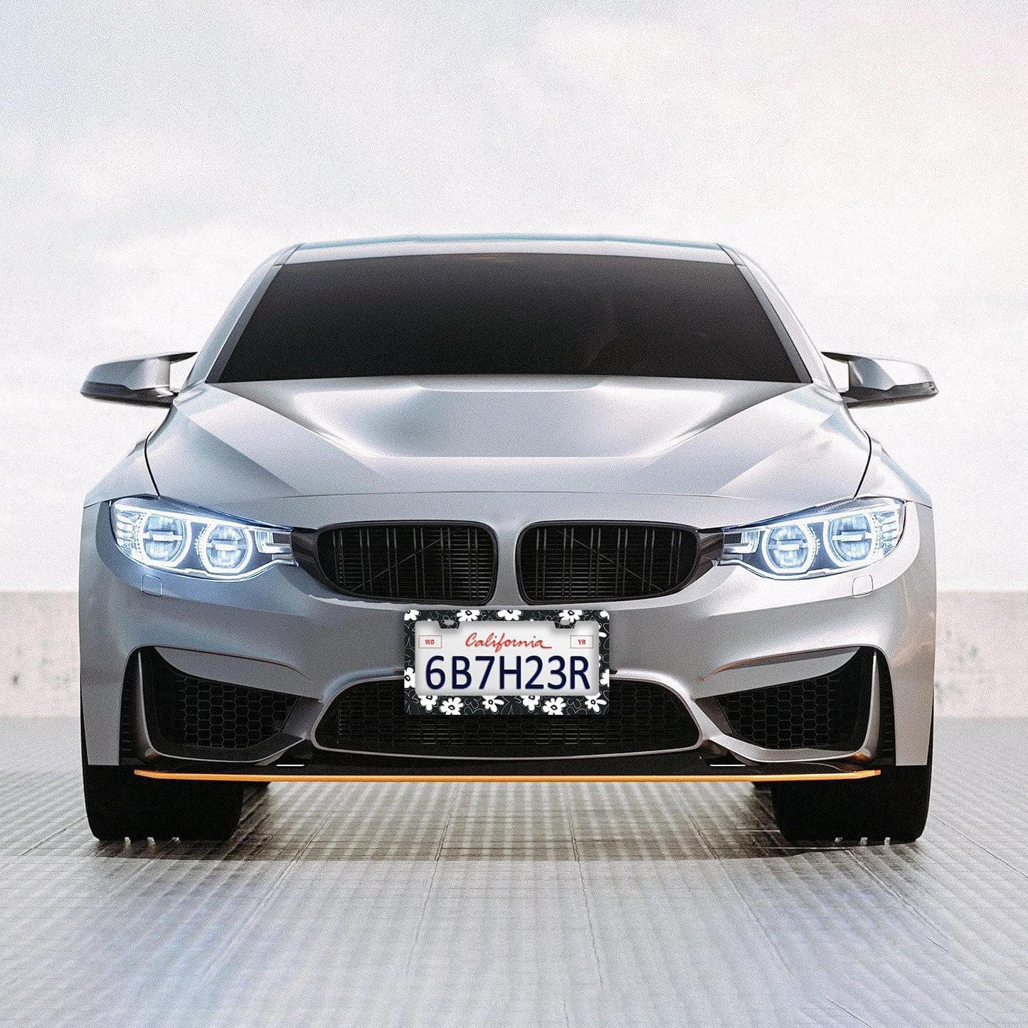 Black and White Flowers License Plate Frames - 2 Pcs Set 2 Holes Stainless Steel Metal Auto Car Accessories Decoration License Plate Frame Cover Size 6.3" x 12.2" Fit US Vehicles for Women Men Gift