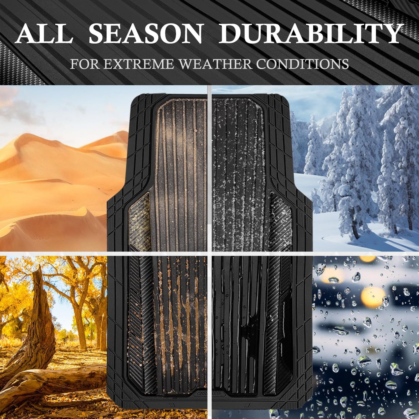 CAR PASS Heavy Duty Rubber Car Mats Metallic,Aluminum Film All Weather Floor Mats Waterproof Universal Trim to Fit SUVs Sedans Vans 4 Piece Anodized Deep Dish Two-Tone Sporty Carbon Fiber Black Chrome