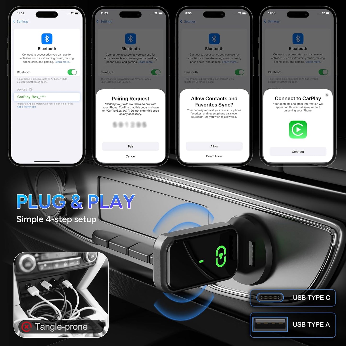 Wireless Carplay Adapter for iPhone 2025 Upgrade Wired to Wireless, No Latency, Car Bluetooth Adapter Plug & Play, Multi-User Seamless Ultra-Fast Connection with WiFi 6 & BT 5.3 Easy to Use