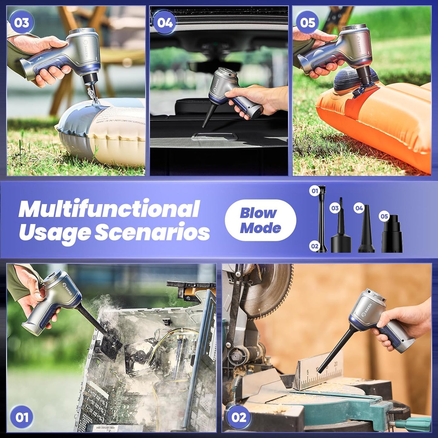 Saker Car Vacuum Portable Cordless 15000PA,3 in 1 Handheld Vacuum with Brushless Motor for Car, Office and Home Cleaning Blue HL107B