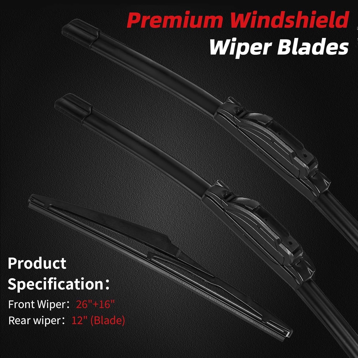 OTUAYAUTO Premium Windshield Wiper Blades - Replacement for Toyota RAV4 19-23, Mazda 5 06-15 - Precision Fit, All-Weather Performance, Front and Rear Wiper Blades, U Hook - 26"+16"+12" (Pack of 3)