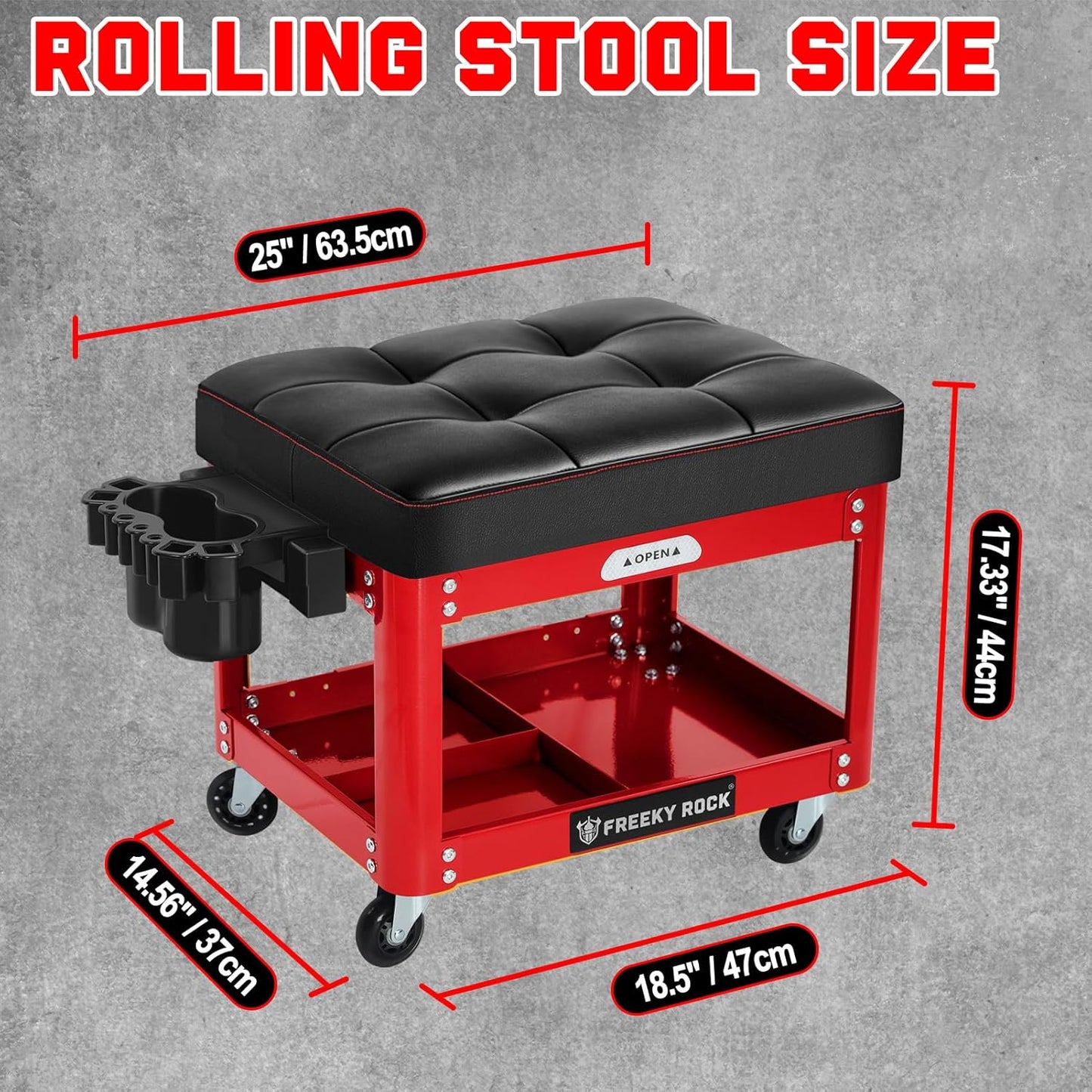 Rolling Mechanic Shop Stool with Wheels, Garage Mechanics Stool with 2 Layer Repair Tools Tray, Padded 360° Swivel Automotive Roller Creeper Seat Shop Chair, Heavy Duty, 330 LBS Capacity, Red