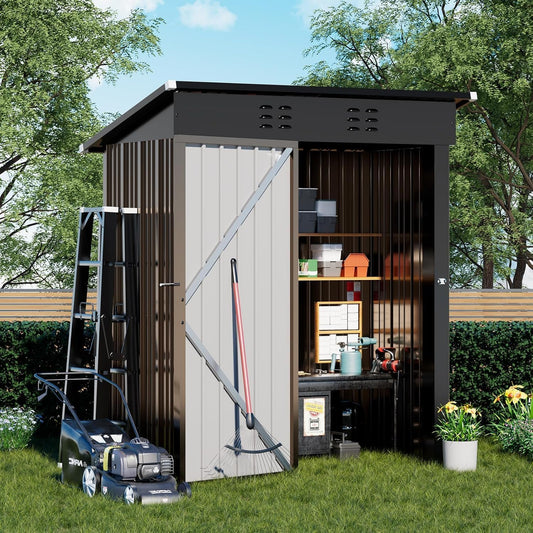 COMHOMA Shed Outdoor Storage Shed Metal,Lockable Doors Tool Sheds with Sloping Roof,Steel Garden Shed with Air Vent for Backyard,Patio,Lawn,Poolside (Brown, 5'*3')