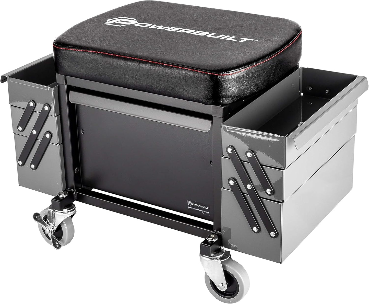 Powerbuilt Rolling Seat with Expandable Tool Trays, Roller Toolbox Garage Stool - Grey 941918ECE