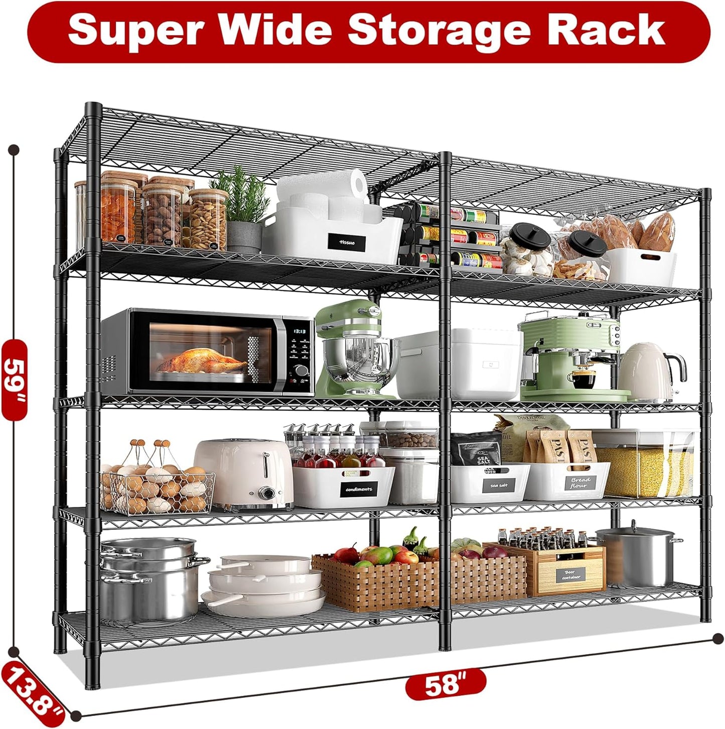 REIBII 5 Tier Wire Shelving Storage Shelves Loads 1430LBS, 58" W Metal Shelving for Storage Adjustable Shelving Unit Heavy Duty Garage Shelves Pantry Shelves Kitchen, Black