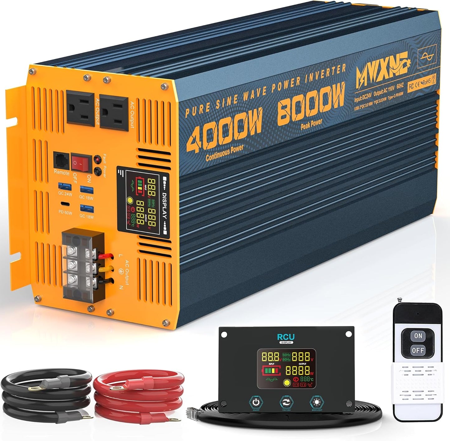 4000W Pure Sine Wave Power Inverter DC 24V to AC 110V 120V for Home RV with Dual AC Outlets 1 USB-C(60W) 3 USB-QC3.0 Fast Car Charger Adapter, LCD Display and Remote Control