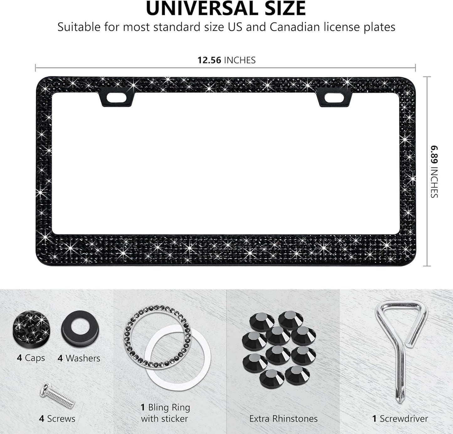 2 Pack Black Bling License Plate Frames for Women - Stainless Steel with Diamond Sparkly Rhinestone License Plate Holders - Perfect Birthday for Auto Lovers