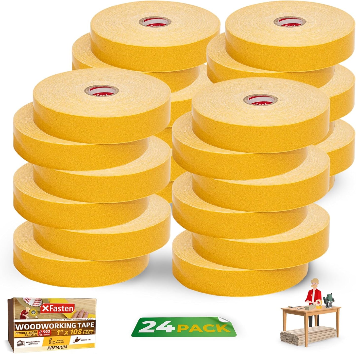 XFasten Bulk Double Sided Woodworking Tape 1-inch, 2,592 Feet Total (24-Pack) Residue-Free Removable Double Sided Tape for Woodworking Router Template, Woodworkers CNC Routing Machine