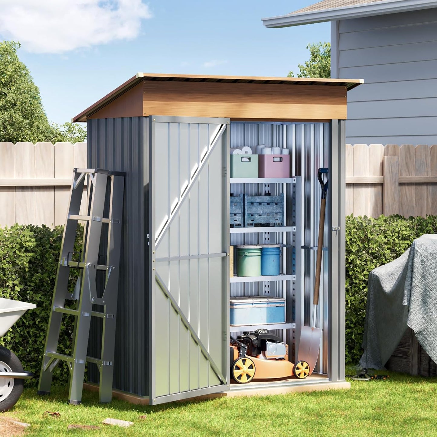 5x3FT Multi-Used Shed & Outdoor Storage Shed with Floor Frame, Lockable Doors, Compact Metal Tool Shed for Garden, Backyard, Patio, Utility, and Various Storage(Matte Gray)