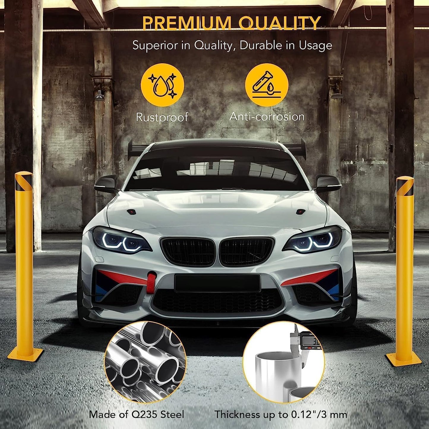 6Pcs Heavy Duty Safety Bollards, 48" Height, 4.5" Diameter Steel Pipe Bollard Post with 24 Anchor Bolts, High-Visibility Yellow Parking Bollard for Traffic Control, Warehouses, & Pedestrian Safety