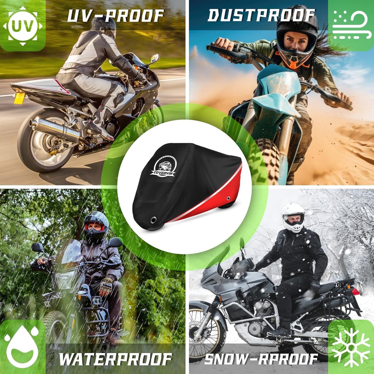 COVERVIN Motorcycle Cover, All Weather Outdoor Waterproof Night Protection with Reflective Strips, Locking Holes and Storage Bag for 86 Inch Suzuki, Kawasaki, Honda, Harley-Davidson(Red M)