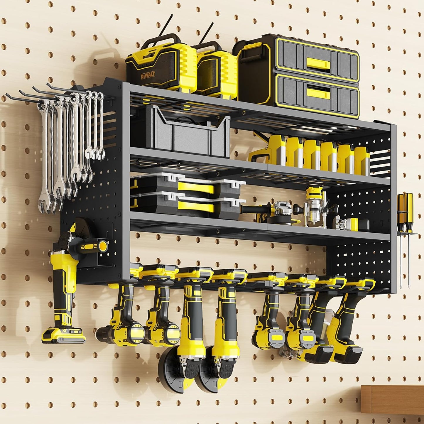 Tomorotec Wall-Mounted Power Tool Storage Rack for Drill, Toolbox & Accessories, Heavy-Duty Steel Organizer with Side Hooks and Adjustable Shelves, Easy Installation Garage & Workshop Storage (Black)