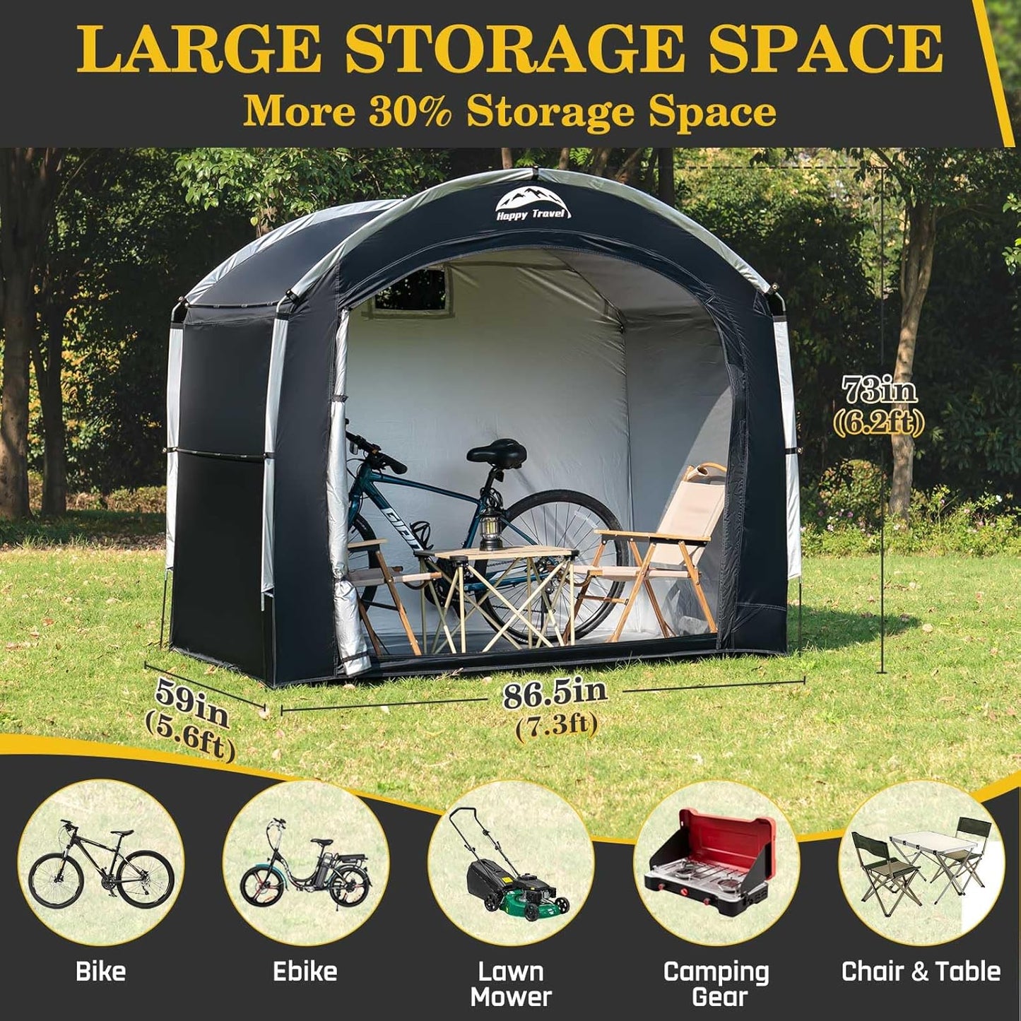 Happy Travel Bike Storage Shed Tent,Outdoor Portable Bicycle Storage Sheds with 210D Oxford Fabric PU4000 Waterproof for 2/3/4/6/8 Bikes,Bike Covers Shelter for Motorcycle,Garden Tools,Toys,Lawn Mower