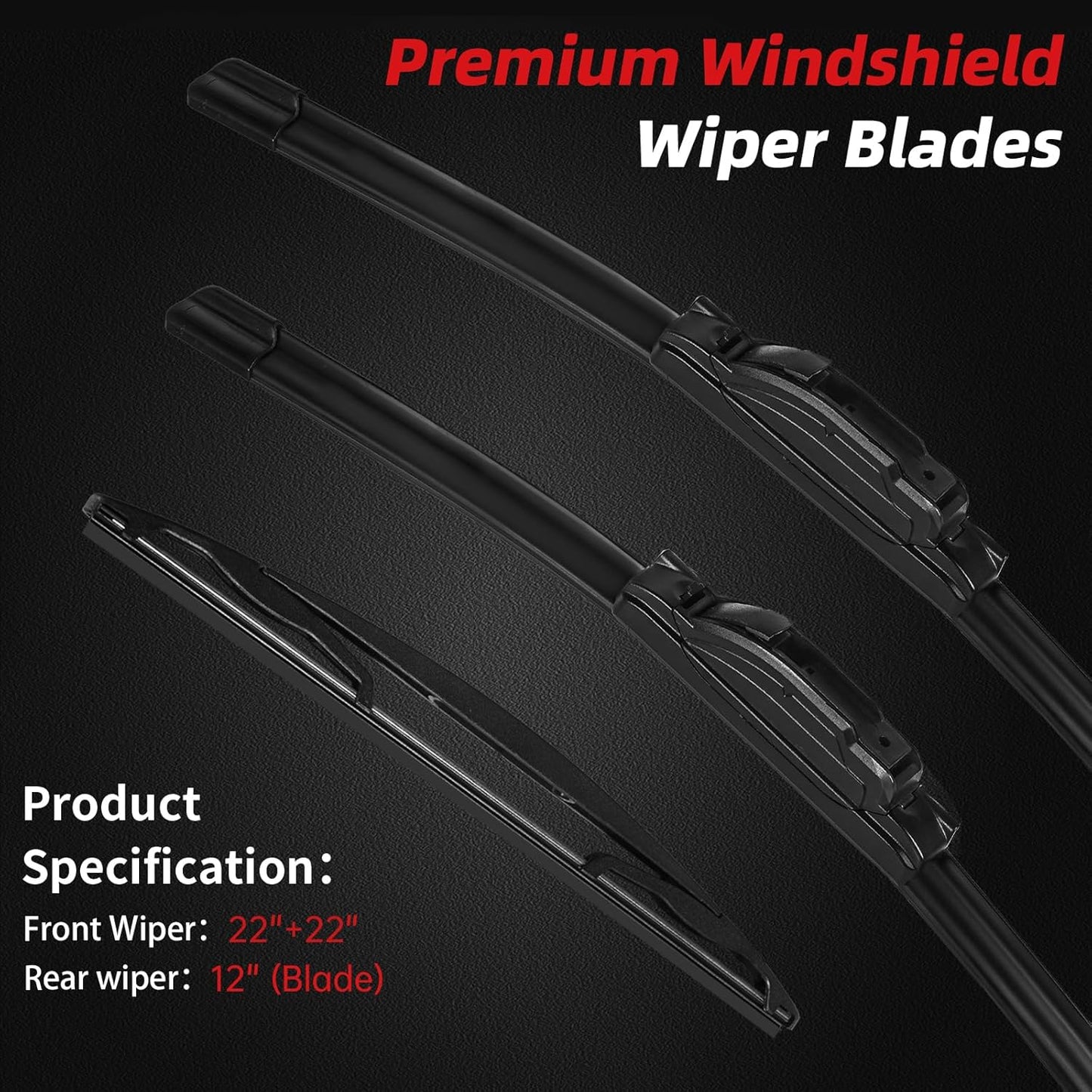 OTUAYAUTO Premium Windshield Wiper Blades - Replacement for Chevrolet Suburban Tahoe 2008-2014, Cadillac Escalade 2009-2014 Front and Rear Wipers J/U Hook - 22"+22"+12" (Pack of 3)