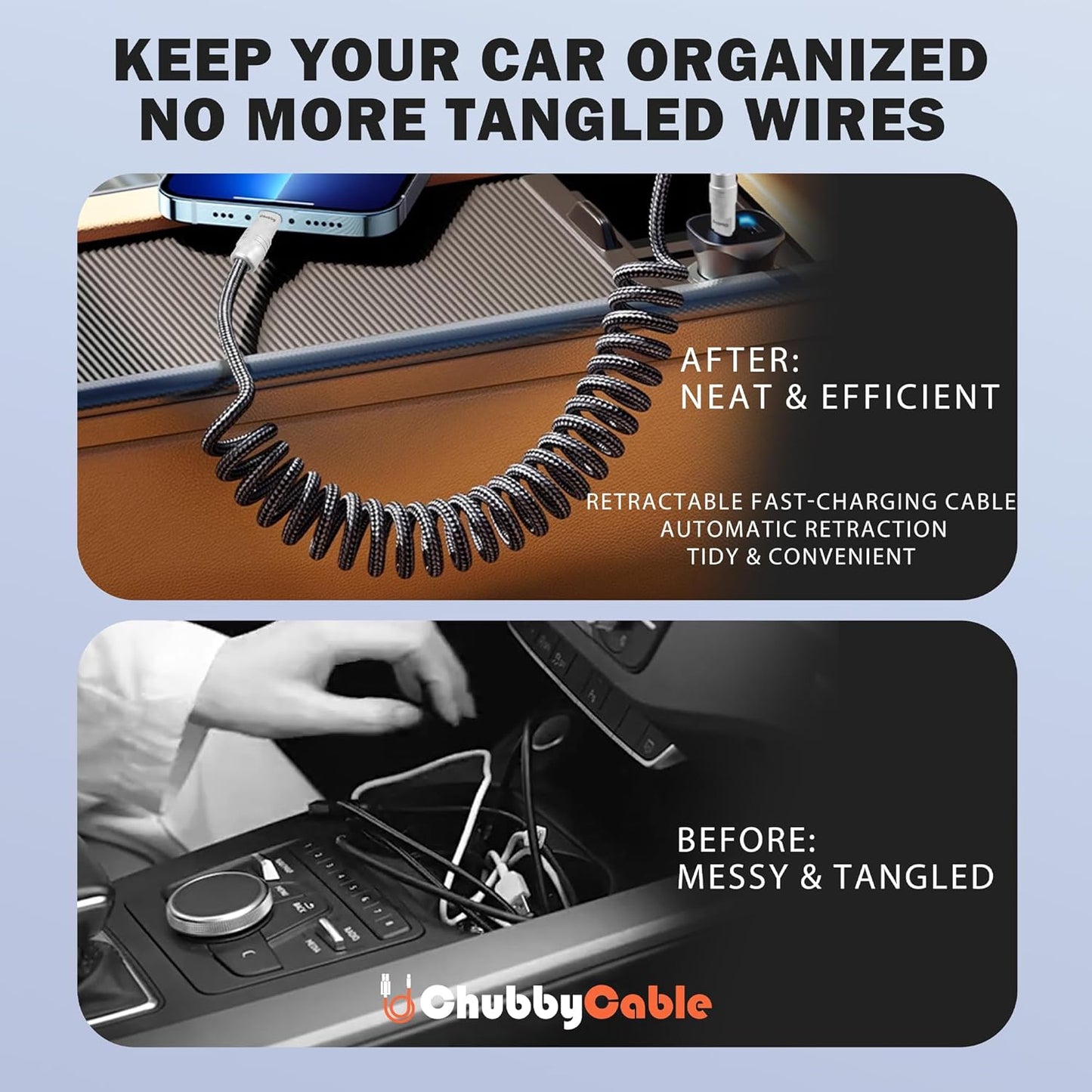 chubbycable Curly Chubby - Retractable Fast Charging Cable 240W Coiled Charger Cord for Car Durable USB-C Cable for Phones, Tablets and More, Light Blue, Type-C to Type-C, 1.3FT-2.3FT