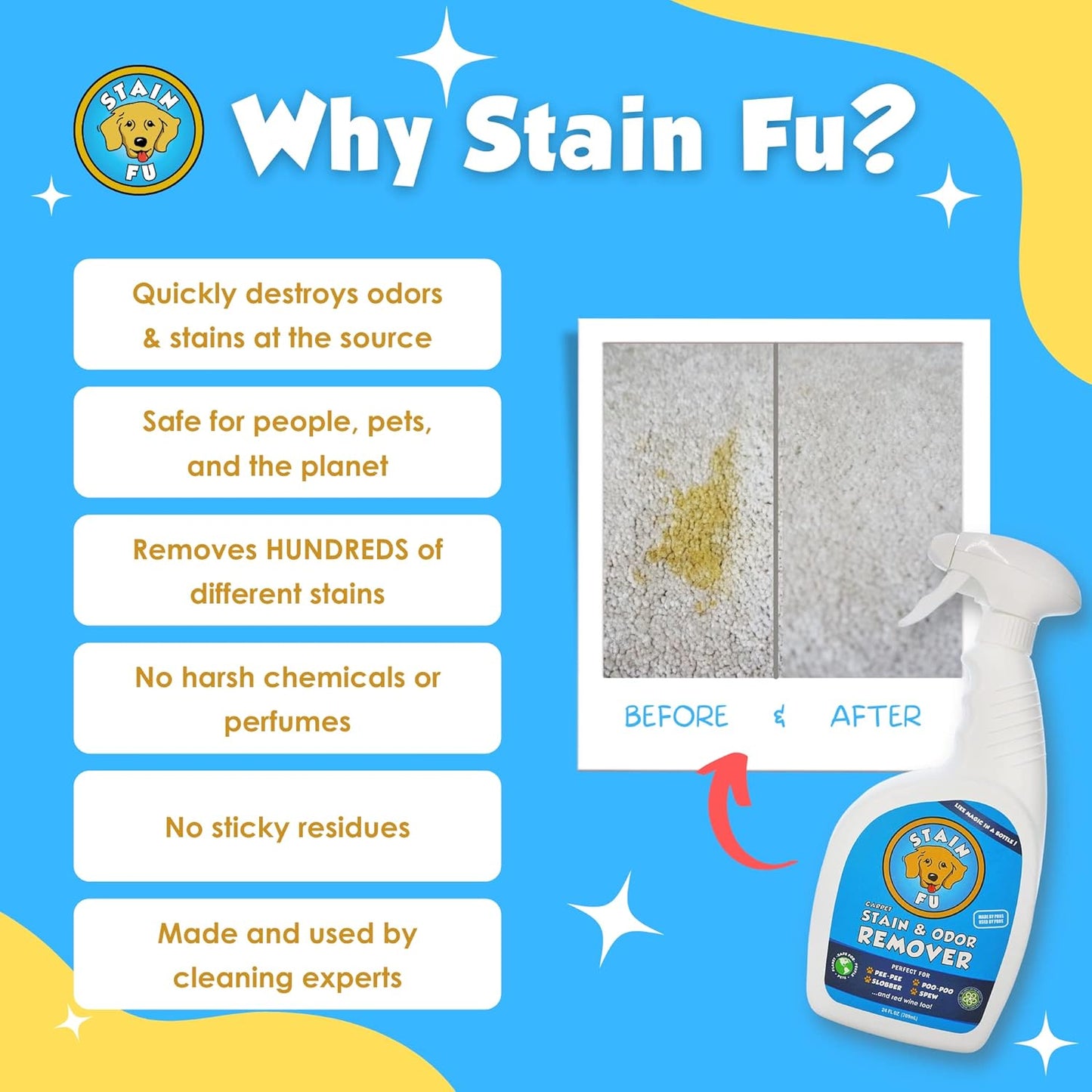 Pro Strength Carpet Odor & Stain Remover Works Like Magic in a Bottle on Tough Urine Feces Vomit and Even red Wine Too! 24 fl.oz