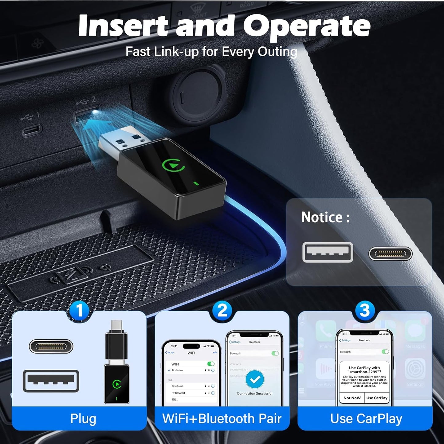 Wireless CarPlay Adapter for iPhone – Upgraded Version, Converts Wired CarPlay to Wireless, USB-C Port, Works with iOS 10+