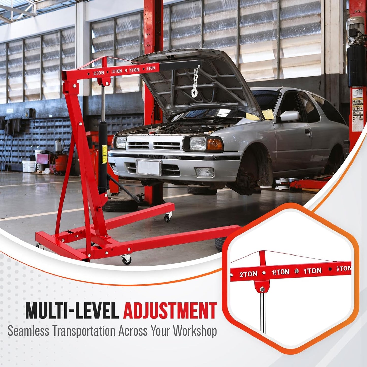 2 Ton Hydraulic Engine Hoist with Lever Stabilizer, Cherry Picker Engine Hoist, 4400LBS Heavy Duty Garage Crane with 6 Swivel Casters & Adjustable Telescopic Boom, for Auto Repair & Workshop (Red)