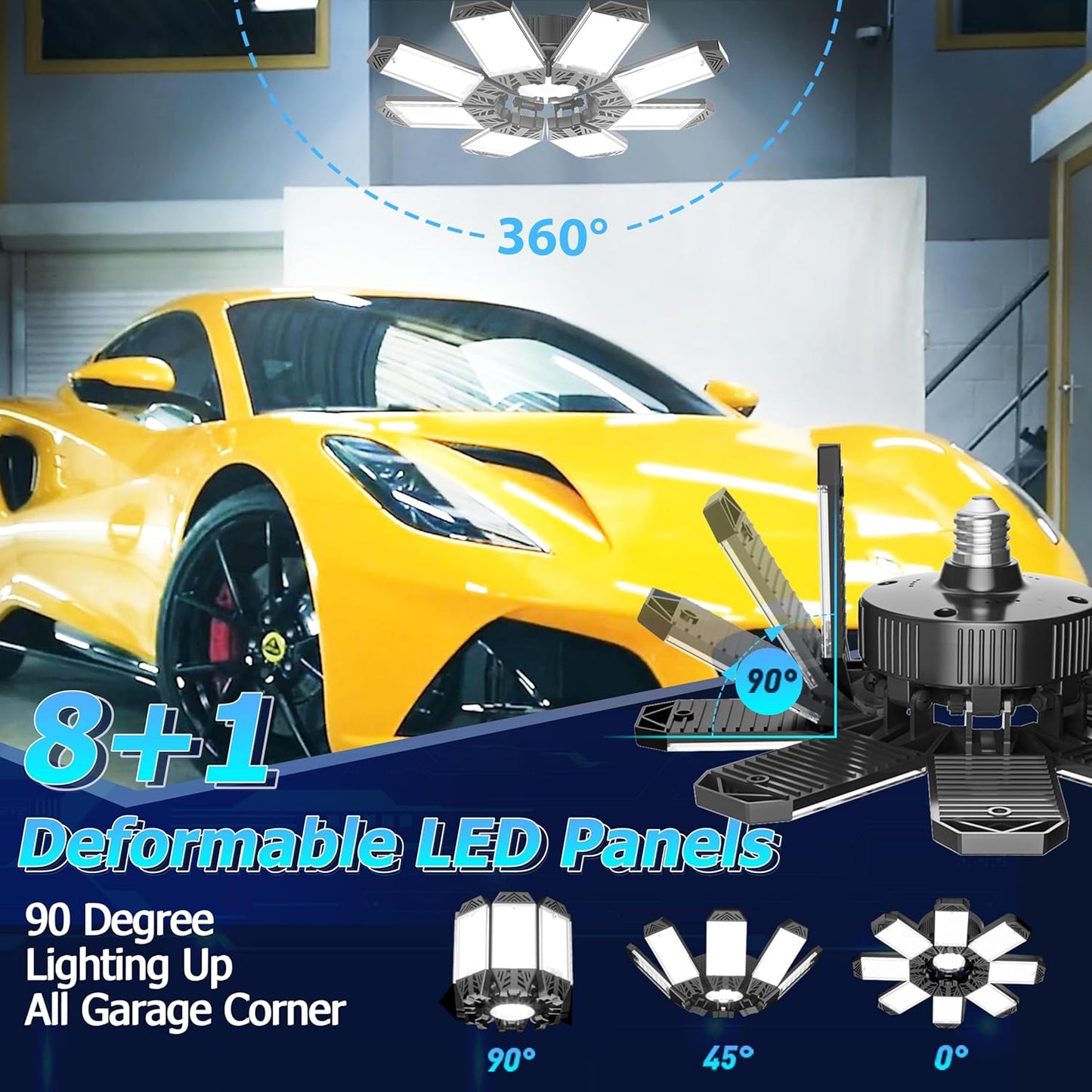 ISKYDRAW LED Garage Light 260W, 26000LM 6500K Garage Ceiling Lights with 8+1 Deformable Panels, Screw in E26 E27 Bulb Bright Bay Lighting for Basement, Shop, Workshop, Barn, Attic