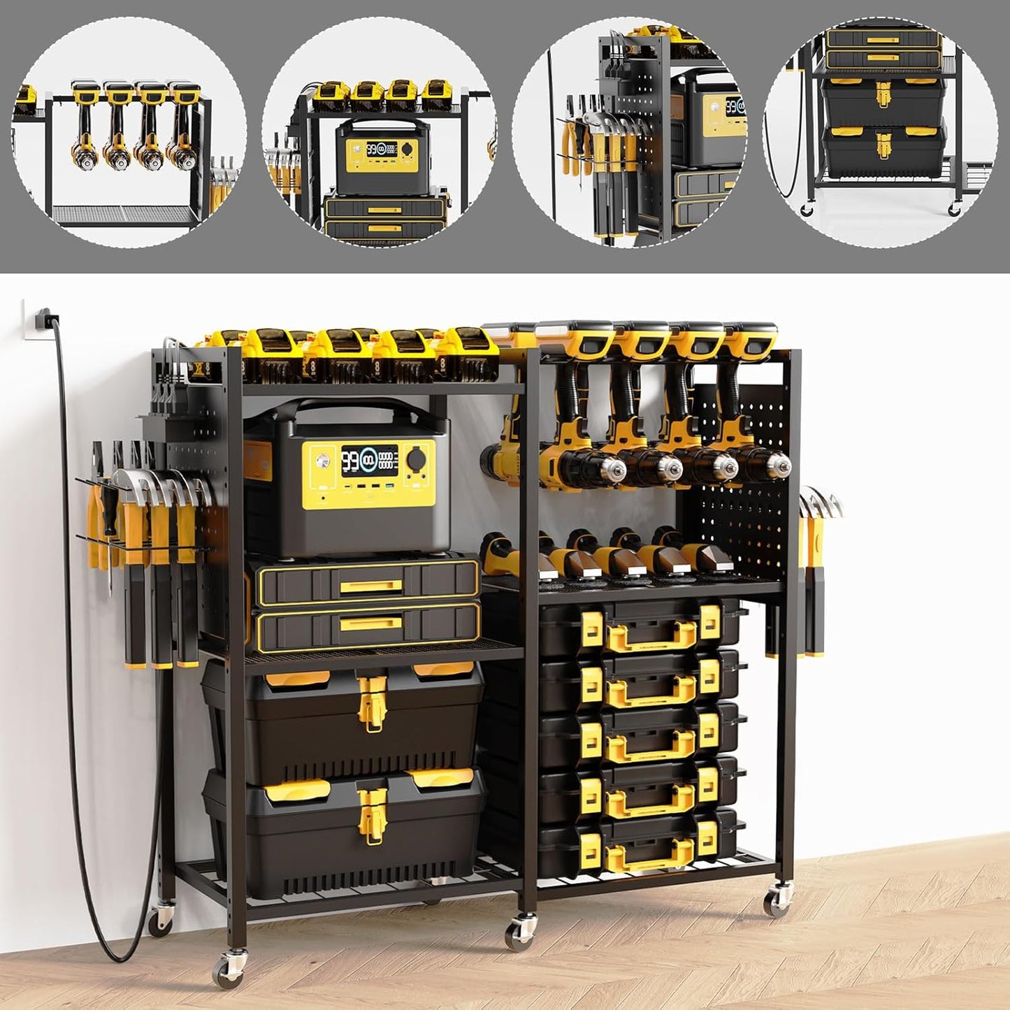 6-Tier Large Power Tool Organizer Cart with Charging Station, Heavy-Duty Garage Rolling Tool Cart with 6 Wheels, 8 Hooks & Adjustable Shelves, Holds 700LBS+