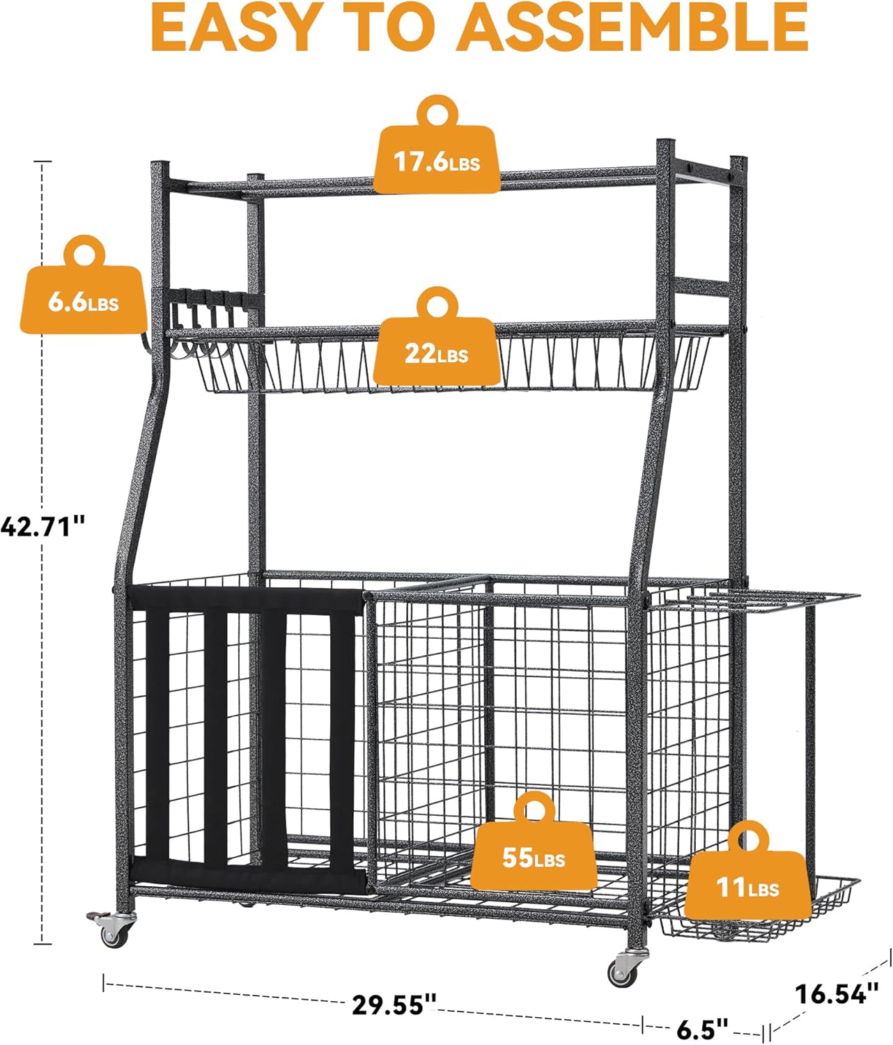 HOMREST Sports Equipment Storage, Ball Storage, Ball Holder, Garage Sports Organizer with Basket and Hooks, Rolling Sports Ball Storage with Wheels for Toy Sports Gear Storage, Black
