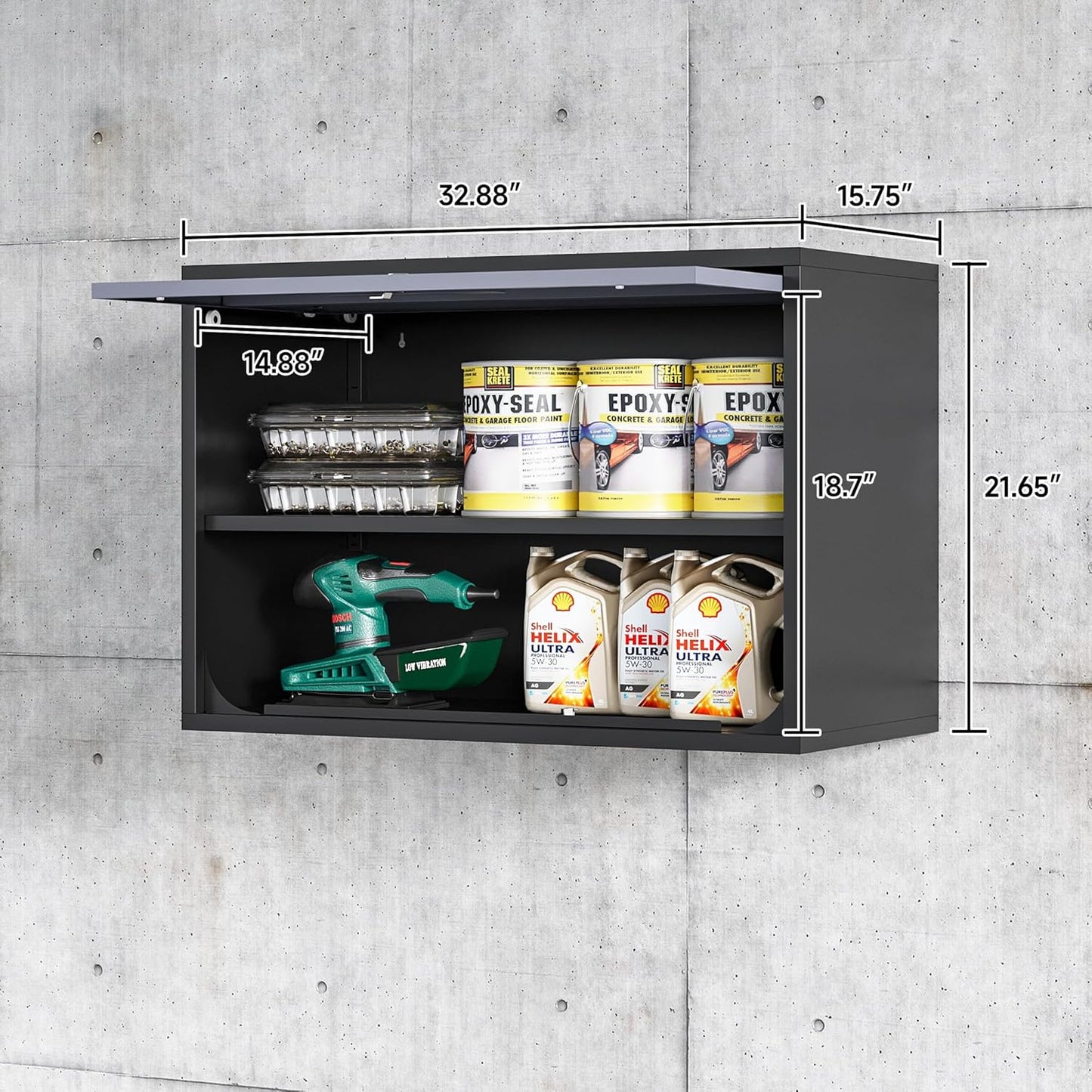 Metal Wall Cabinet with Locking Door and Shelf, Hanging Garage Cabinets with Up-Flip Doors for Garage, Warehouse, Home, Office, Assembly Required (Black Grey, One Cabinet)