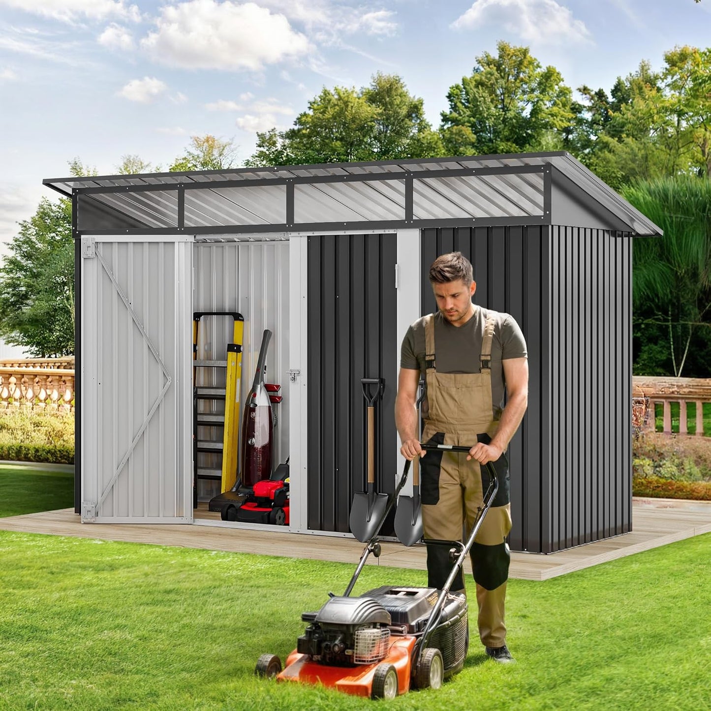 DWVO 9x4 FT Storage Shed for Bicycle, Functional Metal Tool Shelter Garden Storage Unit with Acrylic Windows, Secure Entry Lock, Water-Resistant Waste Enclosure for Outdoor Patio Garden(Dark Gray)