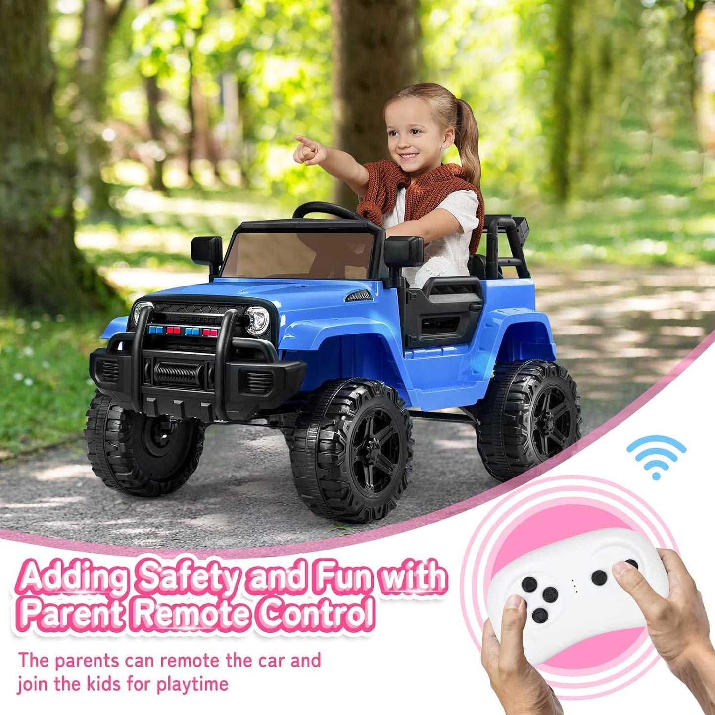 JOYMOR Ride on Truck with Remote Control, 4 Wheels 12V Battery Powered Kids Car, with LED Headlight/Horn Button/ MP3 Player/USB Port/Forward Backward/Kids Girl Boy (Blue)