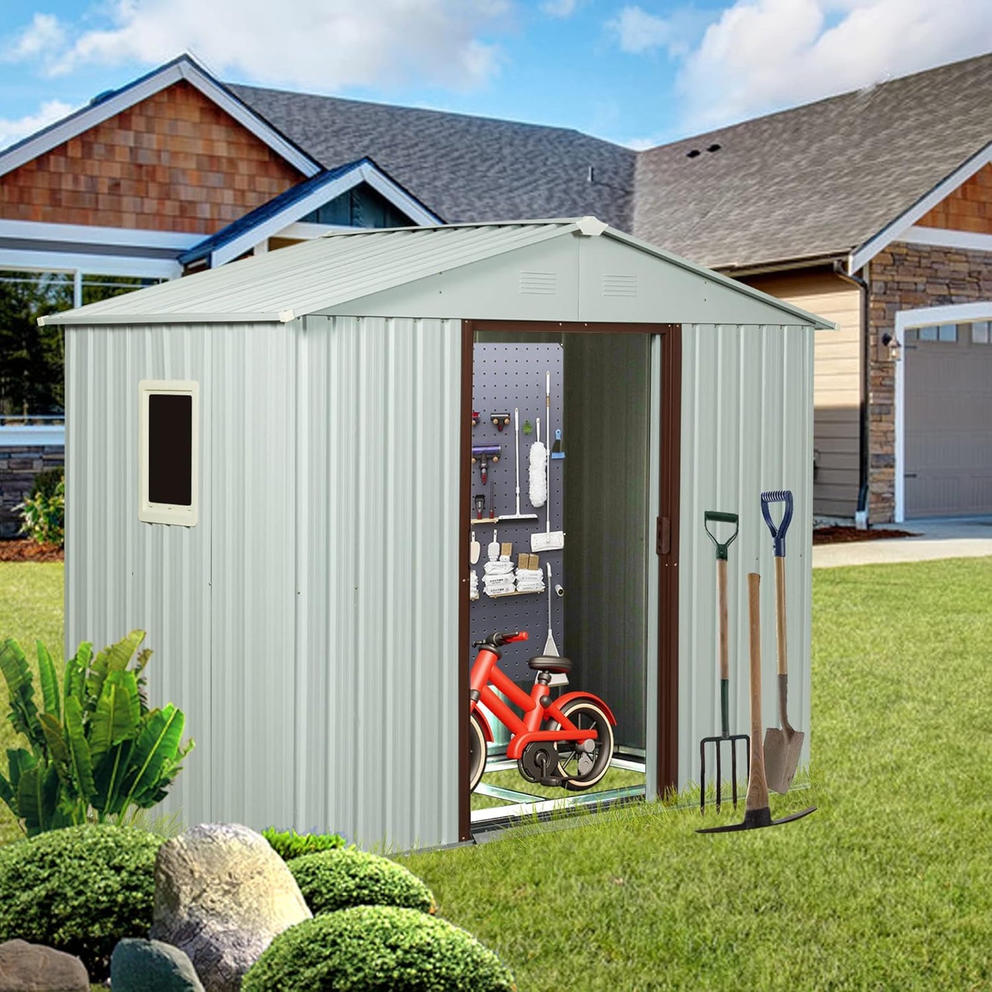 6x5 FT Outdoor Storage Shed, Metal Garden Shed with Frame Floor, Outside Tool Shed with Window, Waterproof Storage Building with Lockable Sliding Doors & Sloped Roof for Backyard, Patio, White